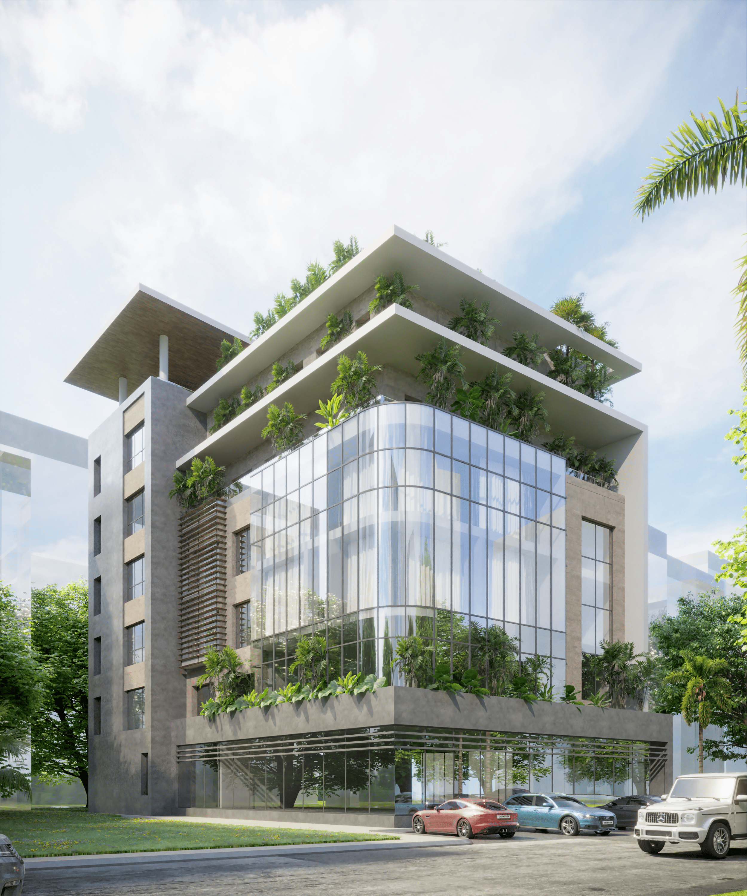 Eco-friendly building with rooftop gardens and solar panels